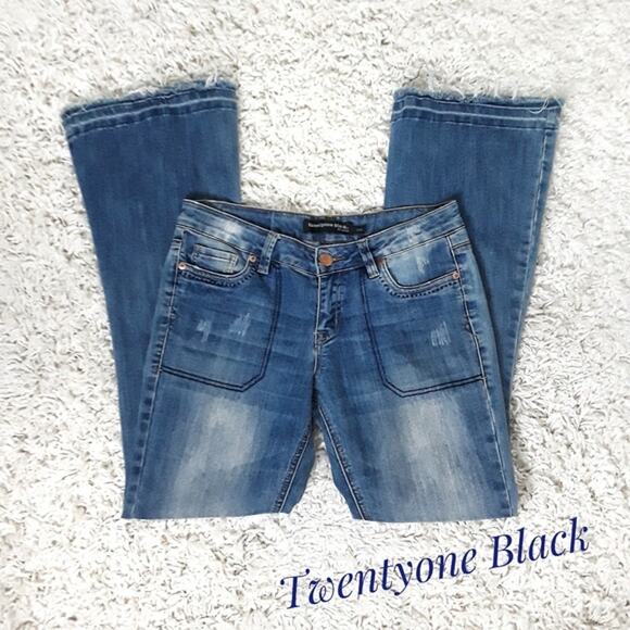TWENTYONE BLACK Mid Rise Flared Denim Jeans RUE 21 Juniors Size 3/4 Distressed - Picture 4 of 11